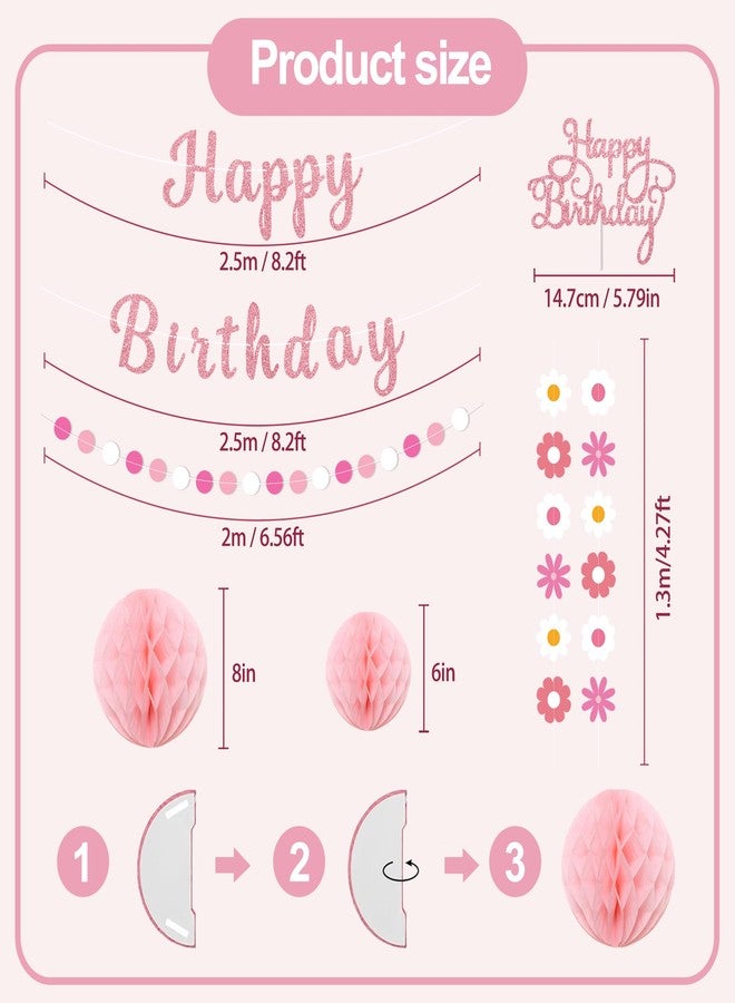 TMTECHJS Pink Daisy Birthday Decorations Pre-Strung Happy Birthday Banner with Honeycomb Balls Cake Topper Pink Flower Hanging Swirls Circle Dots Garland - Image 3